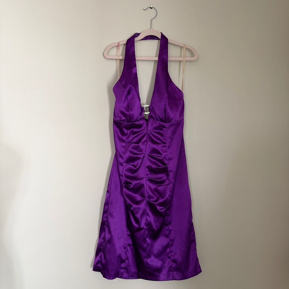 Vintage purple halter mini ruched dress with rhinestone detail - Picture 11 of 11